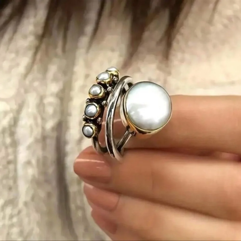 Silver Plated Bohemian Faux Pearl Moonstone Stacked Ring